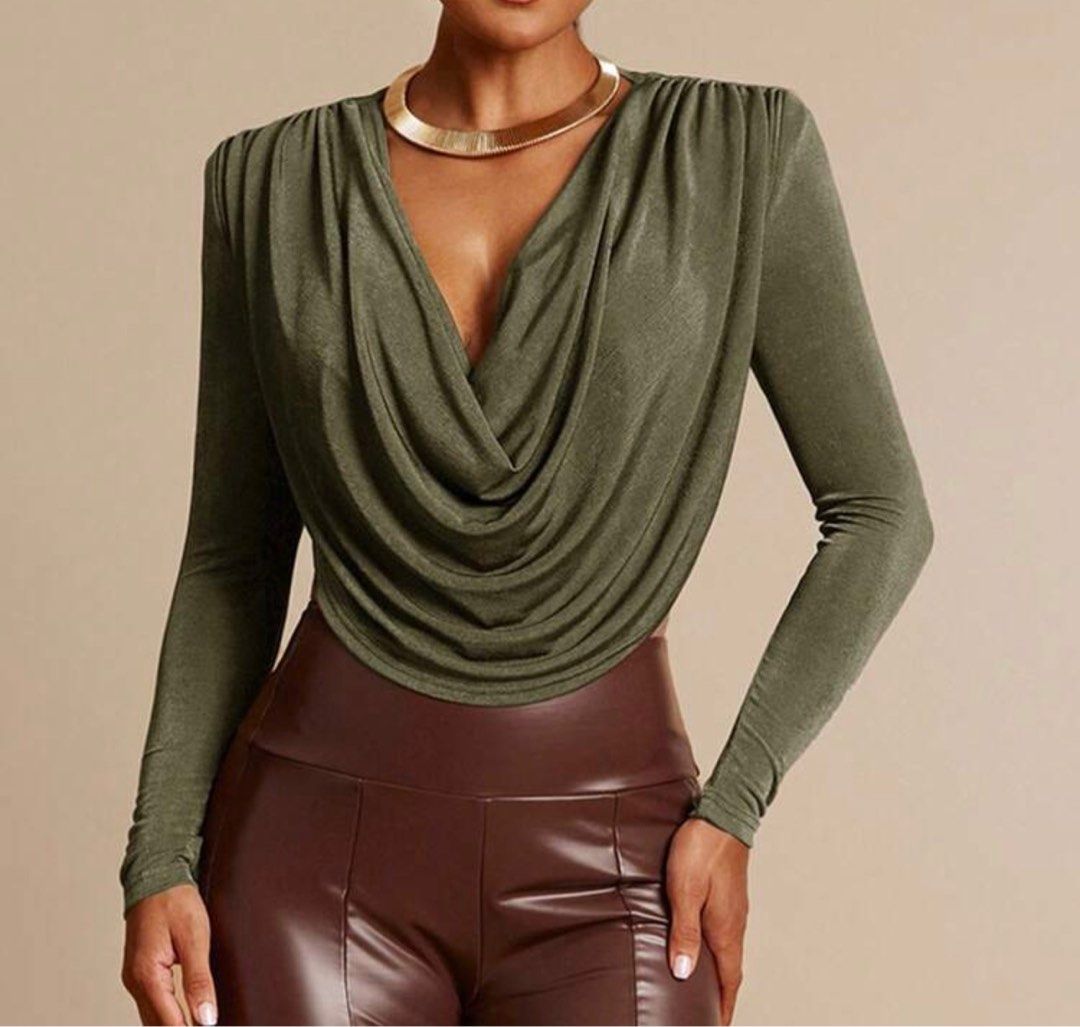 Olive Green Drape Bodysuit (Category: Sleeveless) located in Taguig. Submitted by httpgrant (Listing ID 1415221768, Image 2). Description: - USED ONCE - Olive green bodysuit - Draped neckline - Long sleeves - Thong back - Shoulder pads - Slight sheen fabric - Solid color - Suitable for various occasions.