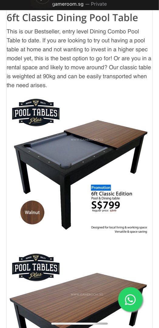 Pool Table (Category: Billiards & Bowling) located in Singapore. Submitted by akssaw (Listing ID 1415120337, Image 1). Description: Pool table cum dining table - perfect for game evenings and chilling while saving space through dual function. Original price 850, letting go cheap. Fully functional. Message me for great deal if can take delivery asap. All details on link - https://www.gameroom.sg/pooltable/6ft-2in-1-dining-top-cover-pool-table.html