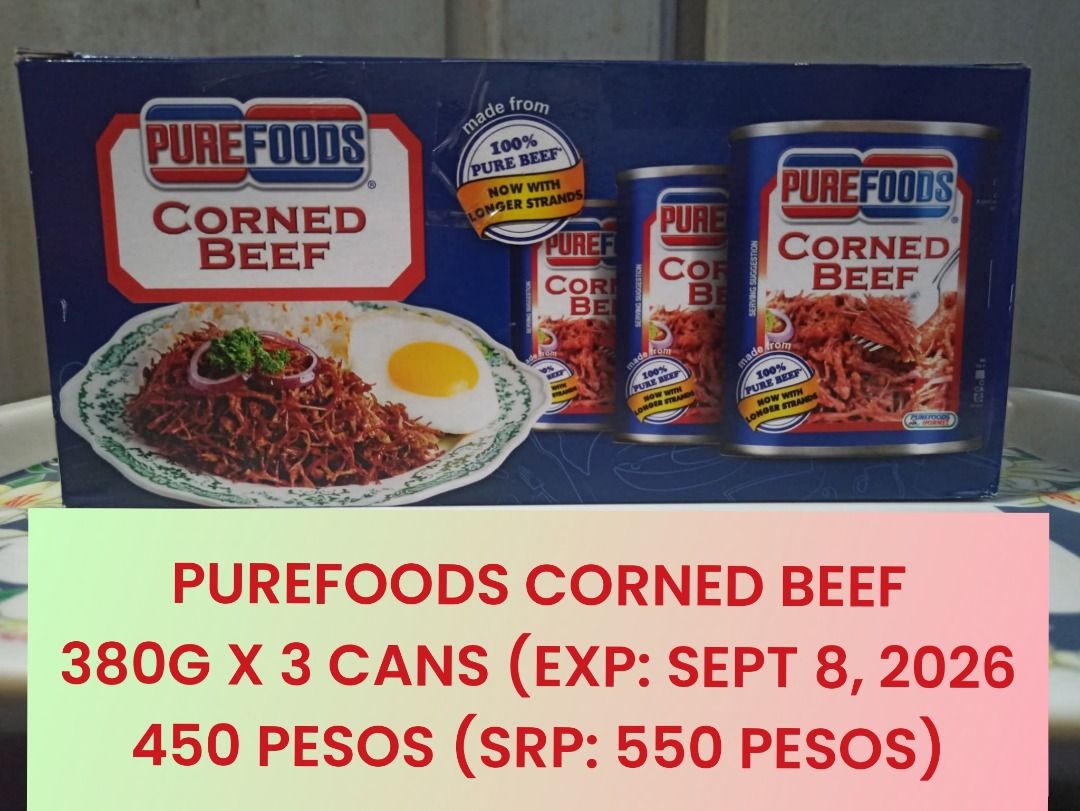 Purefoods Corned Beef 380g x 3 Cans (Category: Packaged & Instant Food) located in Caloocan City. Submitted by caramelann14 (Listing ID 1415071448, Image 1). Description: - Purefoods Corned Beef - Pack of 3 cans - Each can: 380g - Expiration Date: September 8, 2026 - Selling Price: ₱450 - Suggested Retail Price: ₱550.