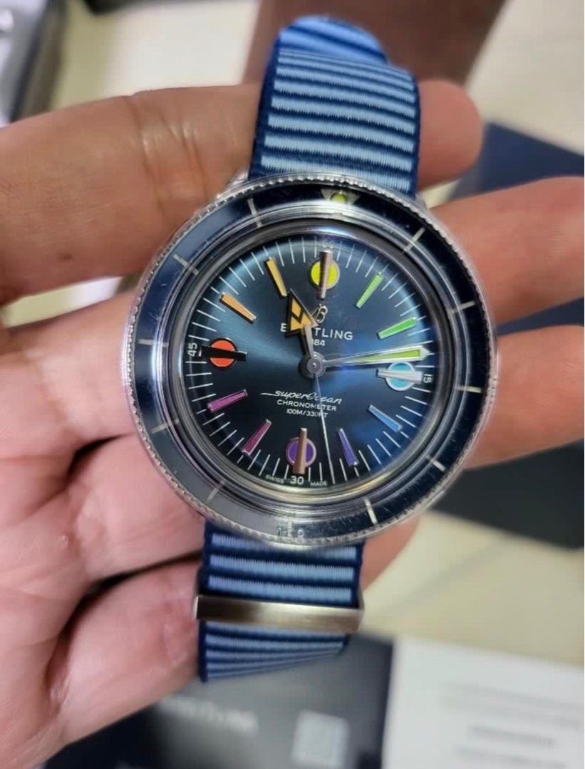 Rare Breitling Superocean Heritage ’57 Limited Edition II Rainbow Blue Stainless Steel (Limited Edition of 1000 pieces) (Category: Men's Watches) located in Singapore. Submitted by ticktocksell (Listing ID 1415125894, Image 2). Description: Rare Collectors’ Piece! Breitling SuperOcean Heritage Rainbow - Blue Dial for Sale Limited edition 1000pcs only Sold out within weeks upon launched in 2020 ; Ref. A103702A1C1X2 (Brand New Unworn Leather – Fold