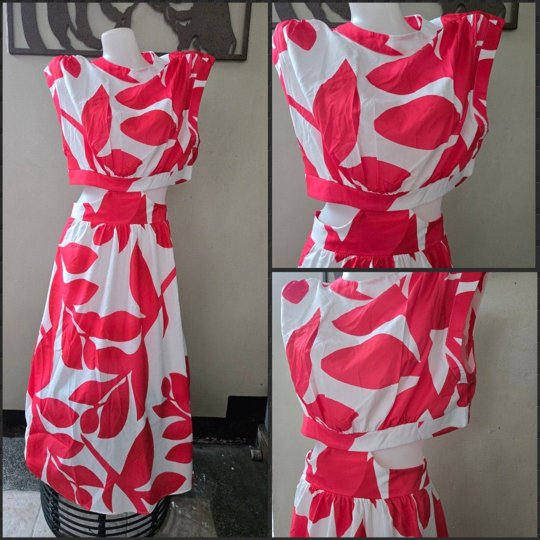 Red and White Leaf Print Two-Piece Dress (Category: Dresses) located in Pasig City. Submitted by leildyne (Listing ID 1415155375, Image 1). Description: - Dress - Red and white leaf print - Cropped top with gathered neckline and short sleeves - Lightweight and flowy fabric - Ideal for summer or casual events.