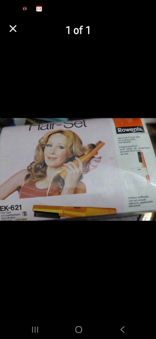 Rowenta Hair-Set EK-621 (Category: Hair) located in Manila. Submitted by hanabara (Listing ID 1415158221, Image 1). Description: - Rowenta Hair-Set EK-621 - Includes hair straightener and brush - Features image of woman using the set - Voltage: 120V - Power: 40W - Designed for easy and effective hair styling.