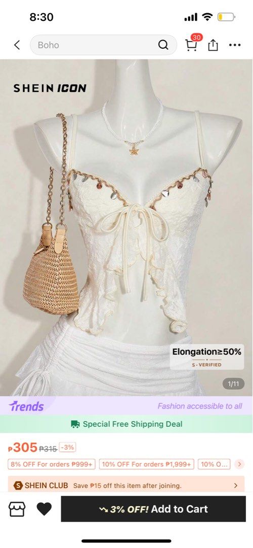 SHEIN ICON White Lace Top (Category: Sleeveless) located in Manila. Submitted by liaaa89 (Listing ID 1415171794, Image 1). Description: - SHEIN ICON top - White lace design - Bow detail - Spaghetti straps - Ruffled hem - Embellished neckline Never been used - From the "Trends" collection - Price: ₱305 (Original: ₱315) - Free shipping!.