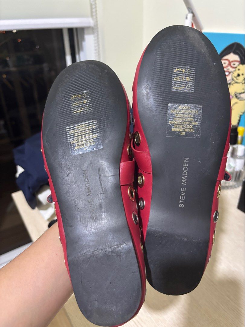 Steve Madden Red Studded Flats (Category: Flats & Sandals) located in Pasig City. Submitted by dbhdeclutters (Listing ID 1409961811, Image 2). Description: - Steve Madden red flats - Round toe design - Silver and gold-toned stud accents - Adjustable buckle strap - can send more photos for serious buyers - used twice only.