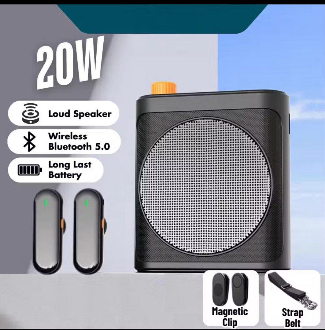 Wireless Megaphone Speaker with Lavalier Mic (Category: Soundbars, Speakers & Amplifiers) located in Malabon City. Submitted by samscloset.3 (Listing ID 1415164708, Image 1). Description: Wireless megaphone speaker features a 20W loud speaker and Bluetooth 5.0. It comes with two lavalier microphones and a long-lasting battery. The speaker has a decompression knob for adjusting the volume with 16 levels. It can be clipped on with a magnetic clip o