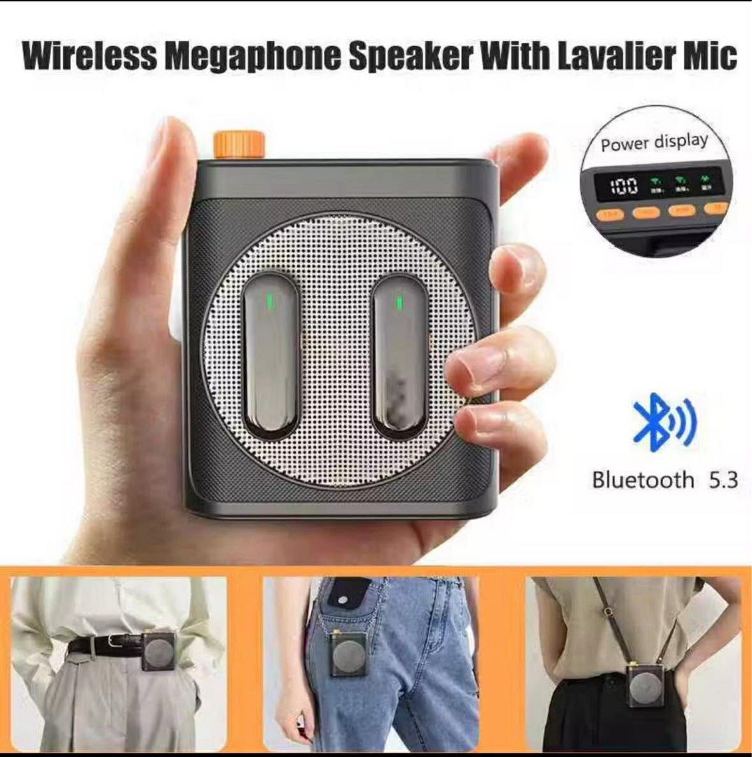 Wireless Megaphone Speaker with Lavalier Mic (Category: Soundbars, Speakers & Amplifiers) located in Malabon City. Submitted by samscloset.3 (Listing ID 1415164708, Image 2). Description: Wireless megaphone speaker features a 20W loud speaker and Bluetooth 5.0. It comes with two lavalier microphones and a long-lasting battery. The speaker has a decompression knob for adjusting the volume with 16 levels. It can be clipped on with a magnetic clip o