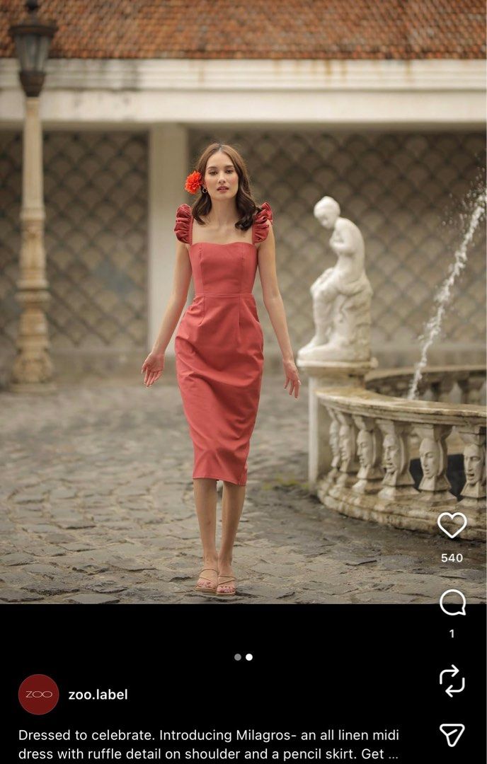 Zoo Label Pink Ruffle Strap Dress (Category: Dresses) located in Manila. Submitted by caarii (Listing ID 1415057566, Image 3). Description: Zoo pink midi dress. Features ruffle straps, square neckline, and fitted silhouette. Textured fabric..