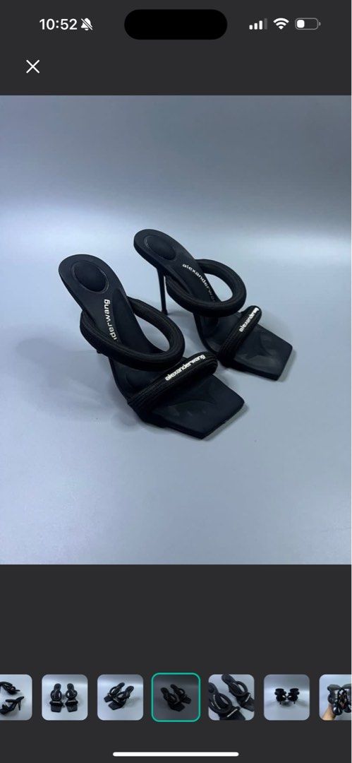 Alexander Wang Black Heels (Category: Heels) located in Manila. Submitted by absdeclutter (Listing ID 1415292281, Image 2). Description: - Alexander Wang black heels - Square toe design - Thin stiletto heel - Two strap design: toe and ankle - Alexander Wang branding visible.