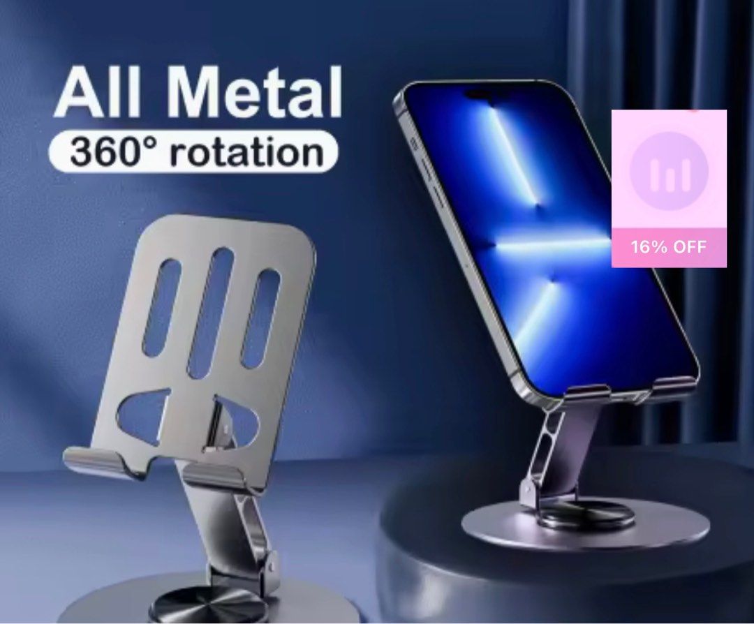 All-Metal 360° Rotating Phone Stand (Category: Mounts & Holders) located in Paranaque City. Submitted by tellimcloset23 (Listing ID 1415351432, Image 2). Description: - 360-degree rotating all-metal phone stand. - Securely holds mobile phones. - Sturdy base for stability. - Adjustable arm for optimal viewing angles. - Suitable for various phone sizes. - Sleek and modern design..