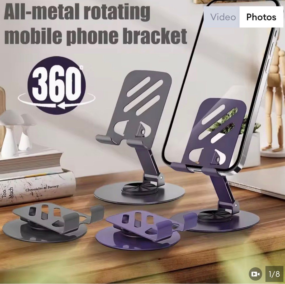 All-Metal 360° Rotating Phone Stand (Category: Mounts & Holders) located in Paranaque City. Submitted by tellimcloset23 (Listing ID 1415351432, Image 1). Description: - 360-degree rotating all-metal phone stand. - Securely holds mobile phones. - Sturdy base for stability. - Adjustable arm for optimal viewing angles. - Suitable for various phone sizes. - Sleek and modern design..