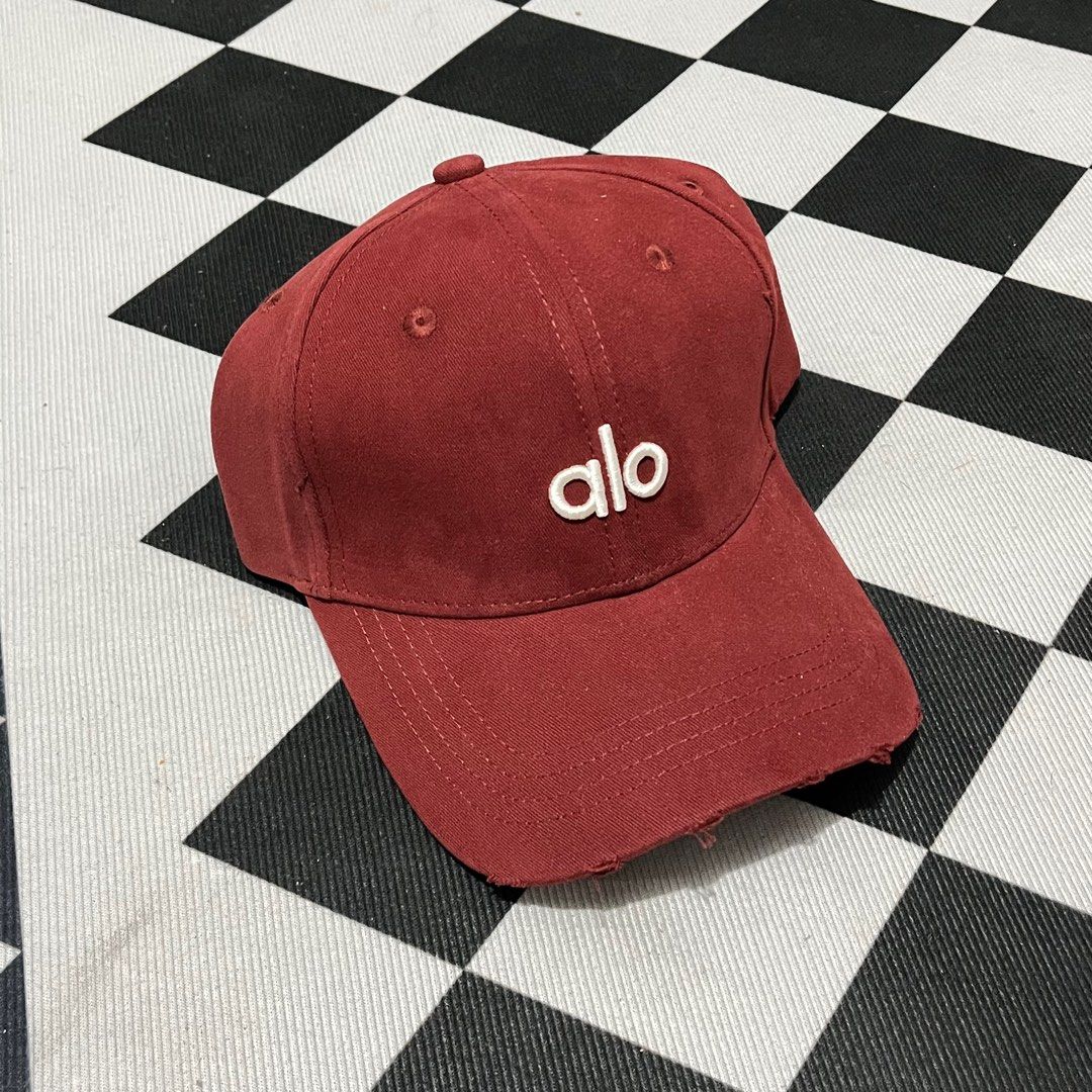 Alo Cap (Category: Caps & Hats) located in Manila. Submitted by paulolazo (Listing ID 1415406125, Image 1). Description: - Maroon Alo cap - Embroidered Alo logo - Curved brim - Adjustable strap - Distressed look - 100% cotton.