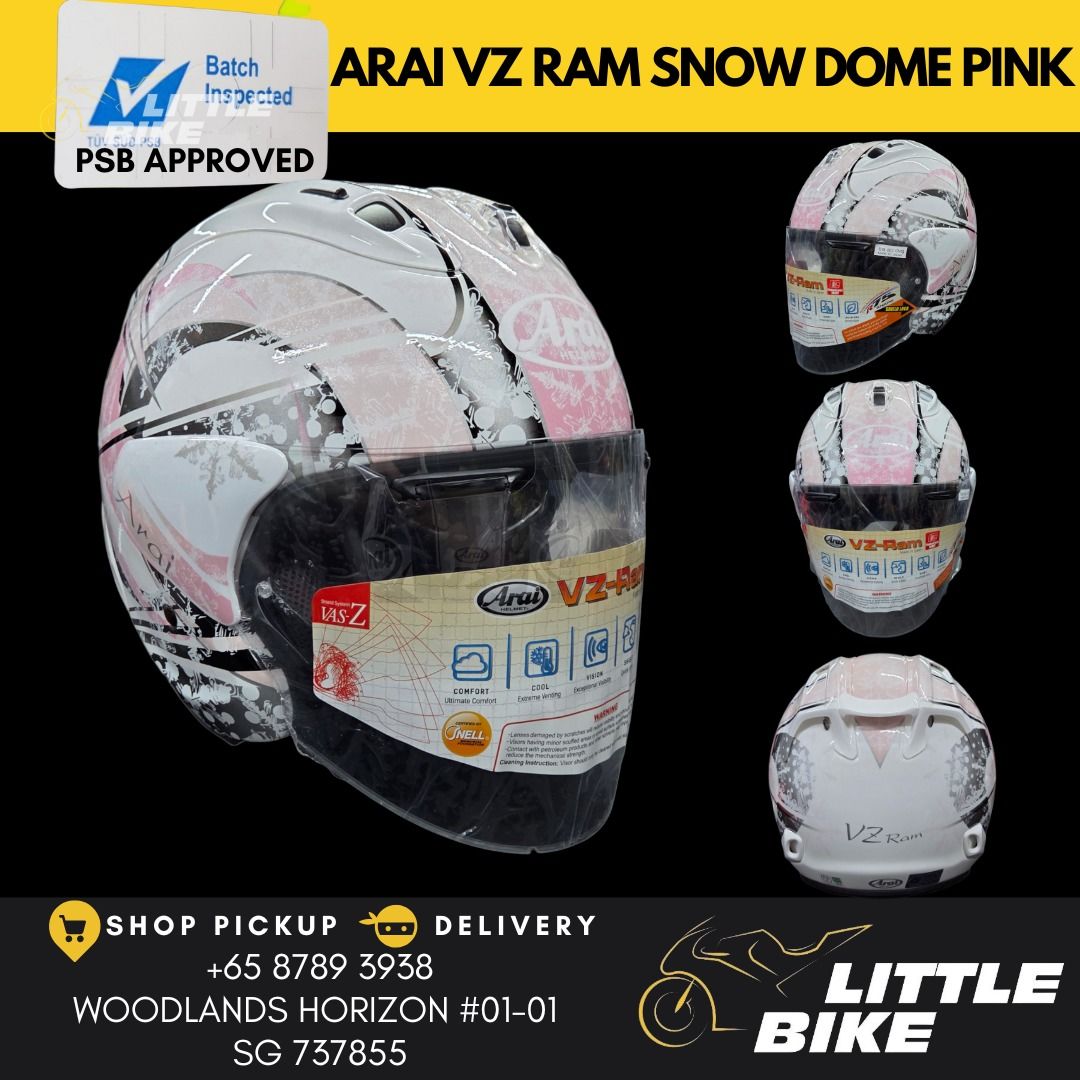 ARAI VZ RAM Motorcycle helmet PSB approved (Category: Motorcycle Apparel) located in Singapore. Submitted by littlebike (Listing ID 1415274094, Image 3). Description: Arai VZ ram PSB Approved design - $820 oriental gloss $850 Oriental matt - Size M Snow done pink - Size M harada black - Size M hayden laguna - Size XL kiyonari - Size XL GP2 - Size M nakasuga 21 - Size M, Size L oriental gloss - Size M trico - Size M tsubasa - Size S , M , L , XL .
