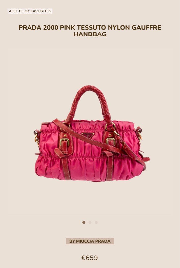Authentic Prada Pink Tessuto Nylon Gaufre Mini Handbag (Category: Luxury Bags & Wallets) located in Rizal. Submitted by kmcafashion7 (Listing ID 1415277646, Image 3). Description: - Authentic Prada Mini Handbag - Color: Red - Design: Gaufre with braided handle - Hardware: Gold-tone - length - 20 cm, height - 15 cm, width - 9 cm - Material: nylon/leather - Provided dust bag - No functionality issue, signs of wear and no long strap - Some discolora