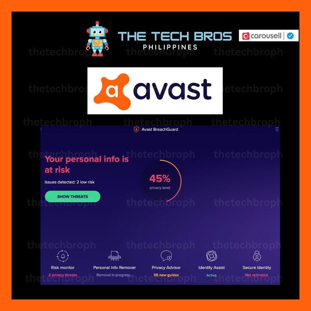 ⭐Avast BreachGuard - Official Code Redemption Gift Cards⭐️[Thetechbroph] (Category: Software) located in Manila. Submitted by thegamebroph (Listing ID 1415334091, Image 3). Description: 🔥 ABOUT AVAST BREACHGUARD 🔥 Avast BreachGuard is a privacy and identity protection tool designed to help users monitor their personal information and protect it from online data breaches, identity theft, and other security threats. It focuses primarily on detect