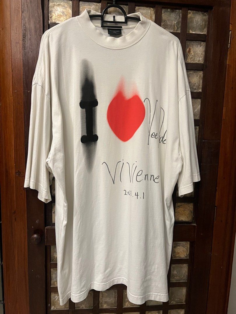 Balenciaga I Love Oversized Tee (Category: Luxury Apparel) located in Manila. Submitted by kanghaee (Listing ID 1415421887, Image 1). Description: - Rare! - No issues aside from the custom handwritten dedication text - Size S but SUPER oversized - 34” x 27” - OPEN FOR TRADES/HEARING OFFERS - Other designer clothes/bags or bike parts - You can just search up the tee to see the value - Pm for more info 😊.