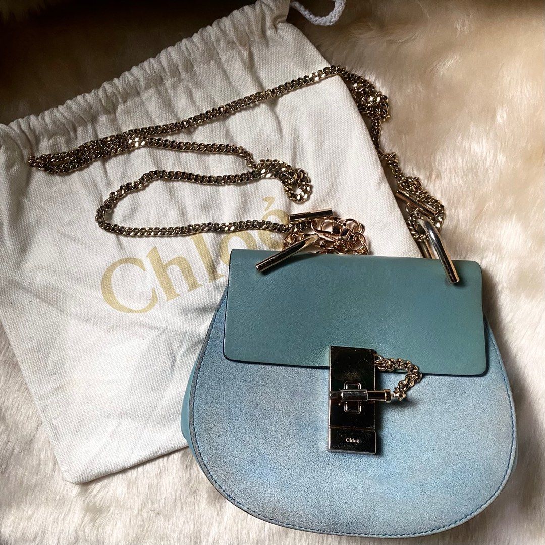 Chloe Drew Shoulder Bag mini (Category: Luxury Bags & Wallets) located in Marikina City. Submitted by whostoledcookiefrmdcookiejar (Listing ID 1415309759, Image 1). Description: Authentic Chloe Drew bag in Cloudy Blue, mini size. Comes with dustbag and a chain extender. Overall in good condition with the usual signs of wear, suede needs cleaning. Set reasonable expectations for a well-used bag. Payment: Gcash/Gotyme/Maribank Shipping: Grab/Lalamo