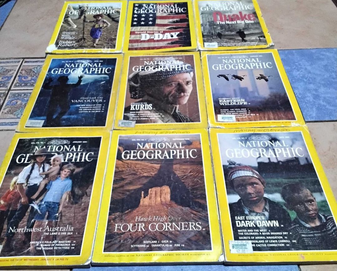National Geographic Magazines - Assorted Vintage Issues (Category: Magazines) located in Pasig City. Submitted by silveegee (Listing ID 1415287975, Image 3). Description: - 40 pcs vintage National Geographic magazines 1980s to 2000s - Featuring topics like Genghis Khan, Sicily, and the Four Corners. - Covers wildlife, history, and more. - Perfect for collectors and enthusiasts. - Detailed articles and stunning photography in each issue. -Magazine