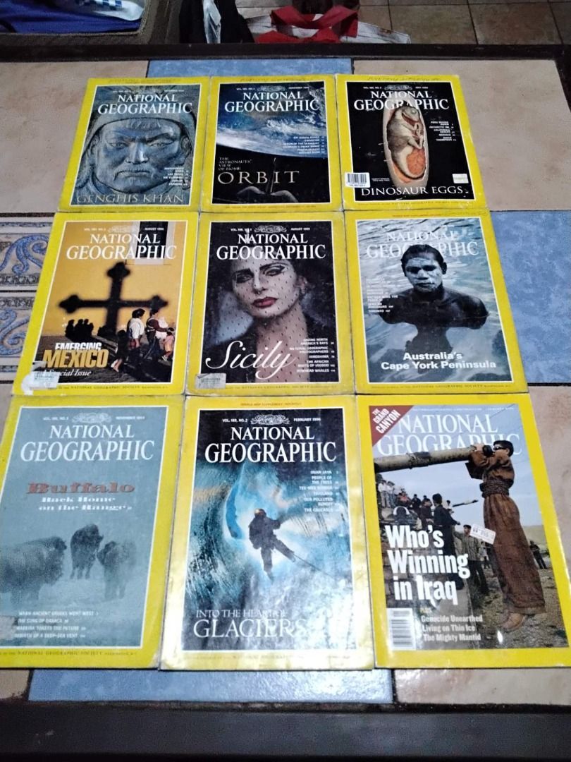 National Geographic Magazines - Assorted Vintage Issues (Category: Magazines) located in Pasig City. Submitted by silveegee (Listing ID 1415287975, Image 1). Description: - 40 pcs vintage National Geographic magazines 1980s to 2000s - Featuring topics like Genghis Khan, Sicily, and the Four Corners. - Covers wildlife, history, and more. - Perfect for collectors and enthusiasts. - Detailed articles and stunning photography in each issue. -Magazine
