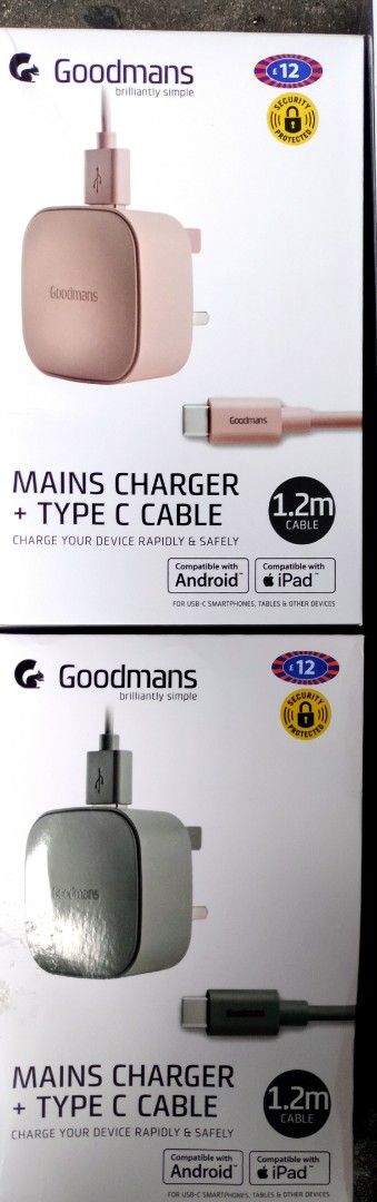 Goodmans Mains Charger + Type C Cable (Category: Chargers & Cables) located in Quezon City. Submitted by delvallelj58229 (Listing ID 1415359300, Image 2). Description: - Goodmans Mains Charger with Type C cable - Compatible with Android and iPad devices - Cable length: 1.2m - Available colors: Pink and Gray .