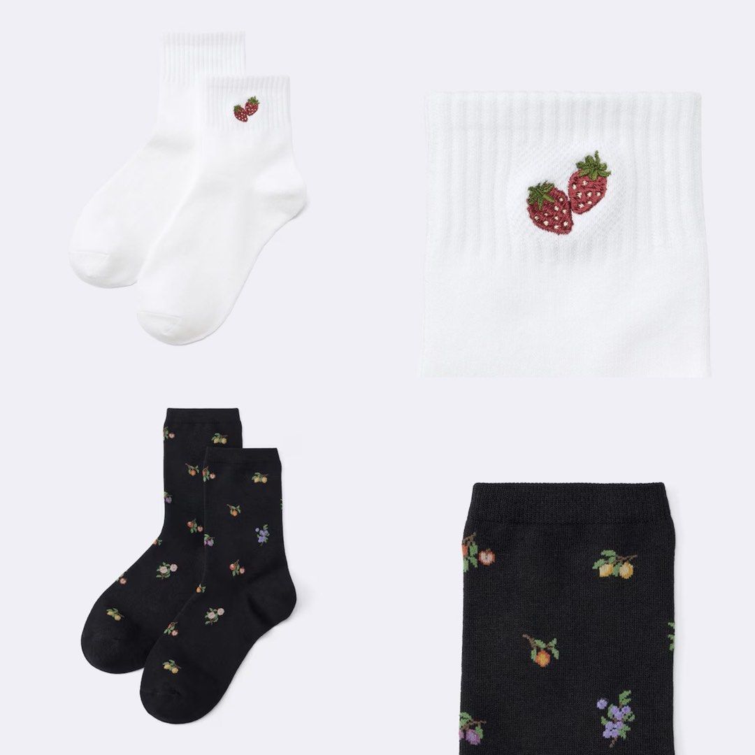 GU (by Uniqlo) socks 23-25cm (Category: Socks & Tights) located in Malolos. Submitted by topicksph (Listing ID 1415381438, Image 1). Description: GU (by Uniqlo) socks Php 160 each ANKLE SOCKS (WHITE) Details: ~ Features a small embroidered fruit motif. Fabric details: 72% Polyester, 23% Cotton, 3% Rubber, 2% Spandex (Exclusive of Decoration) CREW SOCKS (BLACK) Details: ~ Crew length socks with a fruit pattern. ~ Perfect for casual styling. Fabric