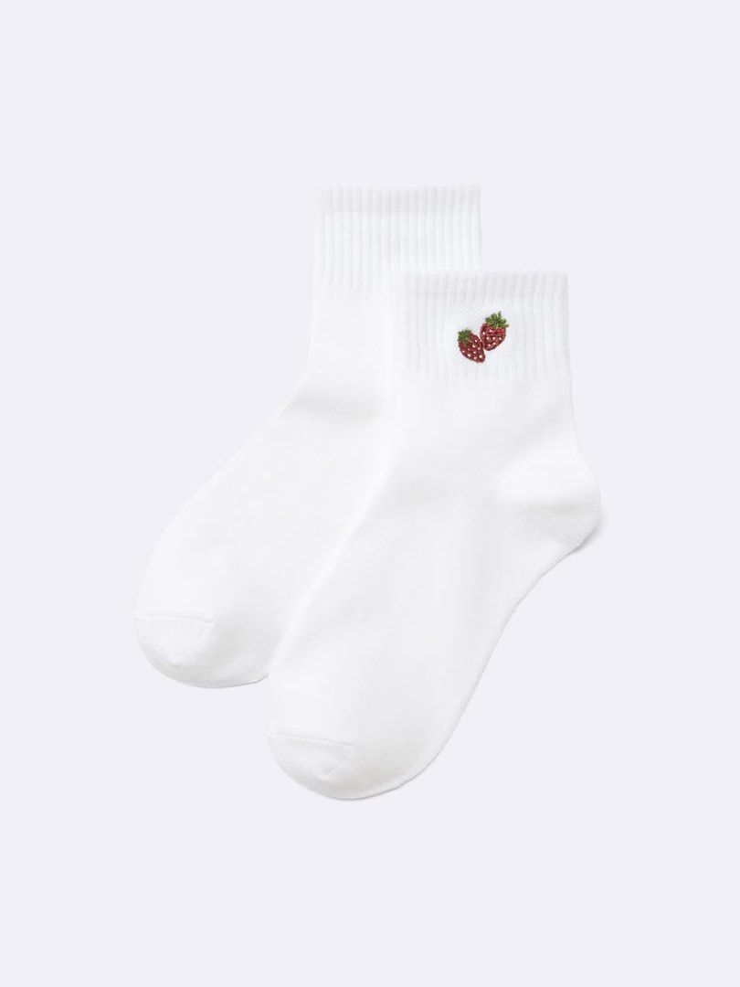 GU (by Uniqlo) socks 23-25cm (Category: Socks & Tights) located in Malolos. Submitted by topicksph (Listing ID 1415381438, Image 2). Description: GU (by Uniqlo) socks Php 160 each ANKLE SOCKS (WHITE) Details: ~ Features a small embroidered fruit motif. Fabric details: 72% Polyester, 23% Cotton, 3% Rubber, 2% Spandex (Exclusive of Decoration) CREW SOCKS (BLACK) Details: ~ Crew length socks with a fruit pattern. ~ Perfect for casual styling. Fabric