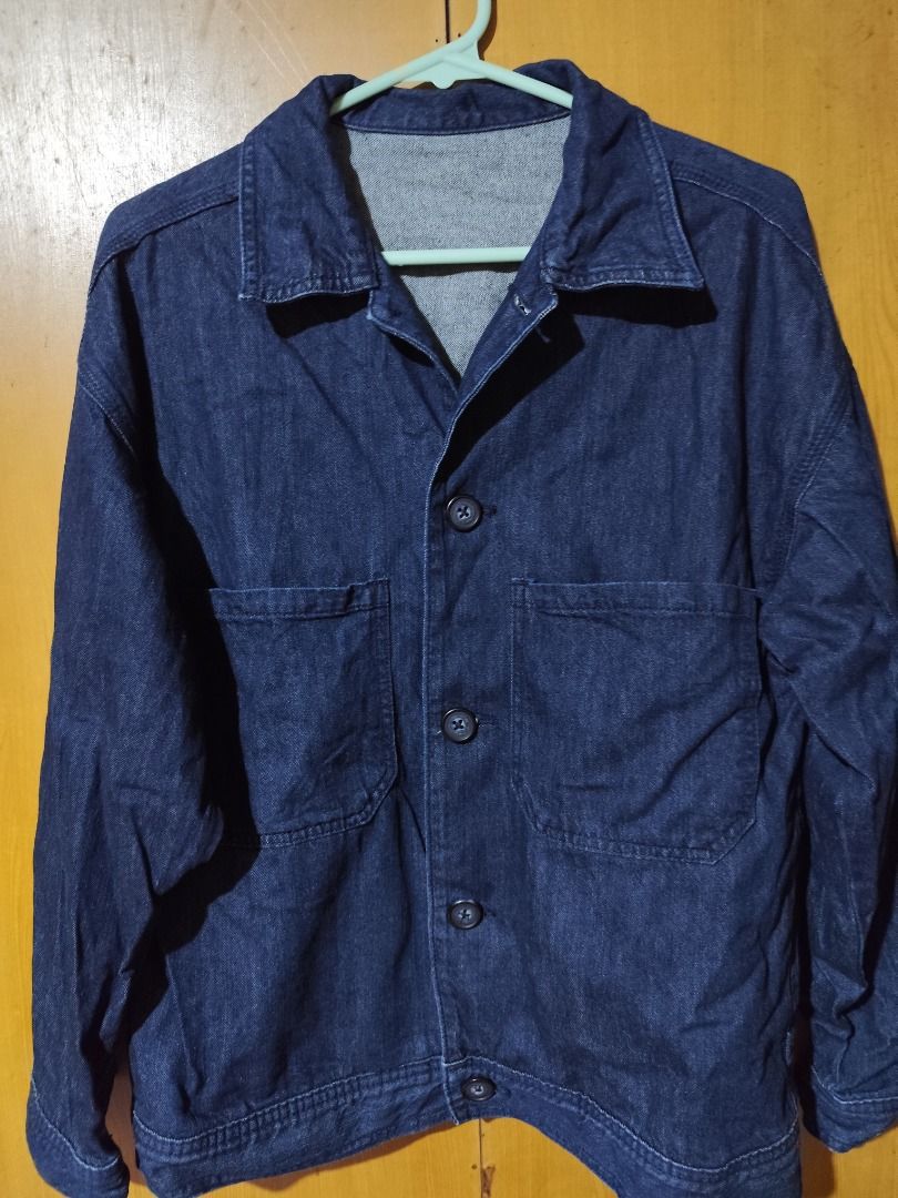 GU Dark Blue Denim Jacket (Category: Coats, Jackets and Outerwear) located in Mandaluyong City. Submitted by msdeclutterfinds (Listing ID 1415325015, Image 1). Description: - GU Denim Work Jacket in a dark indigo color. - Button-up front - Two front pockets - Classic collar - Long sleeves - From Japan .
