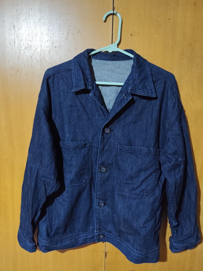GU Dark Blue Denim Jacket (Category: Coats, Jackets and Outerwear) located in Mandaluyong City. Submitted by msdeclutterfinds (Listing ID 1415325015, Image 3). Description: - GU Denim Work Jacket in a dark indigo color. - Button-up front - Two front pockets - Classic collar - Long sleeves - From Japan .