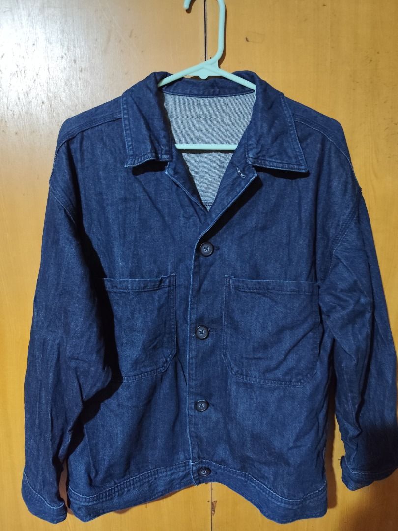 GU Dark Blue Denim Jacket (Category: Coats, Jackets and Outerwear) located in Mandaluyong City. Submitted by msdeclutterfinds (Listing ID 1415325015, Image 2). Description: - GU Denim Work Jacket in a dark indigo color. - Button-up front - Two front pockets - Classic collar - Long sleeves - From Japan .