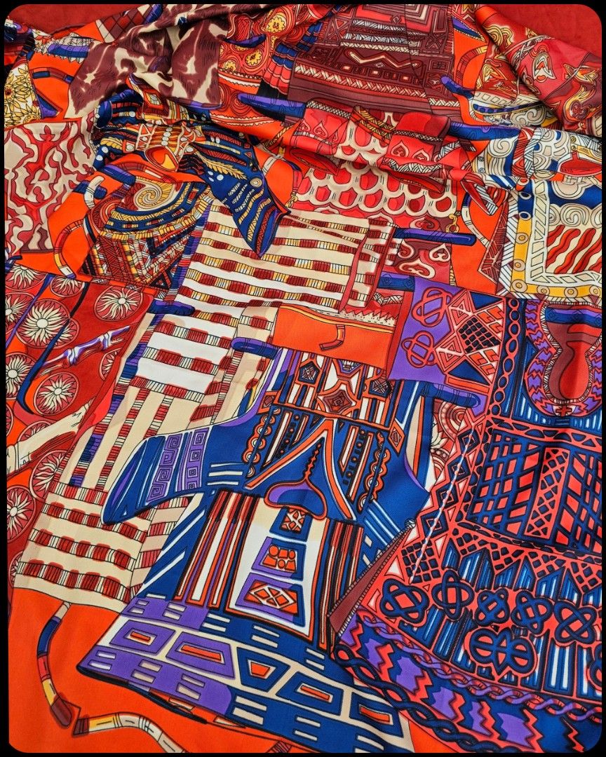 🛑Hermes Voyage En Etoffes Multicolor Wrap Around Shawl Scarf (Category: Scarves) located in Baguio. Submitted by bagluxers_haven (Listing ID 1415264219, Image 3). Description: 🛑Authentic Hermes Voyage En Etoffes by A. Favrie 127cm Wrap Around Handstitched Silk Shawl in Orange w/ Multicolor Graphic Clothing Pattern. 》Djom Djom Fb.. 🛑DIMENSION : 50" X 50" 🛑Like New, Excellent Condition w/ a Provided Box. 📩Do inquire if you need further assista