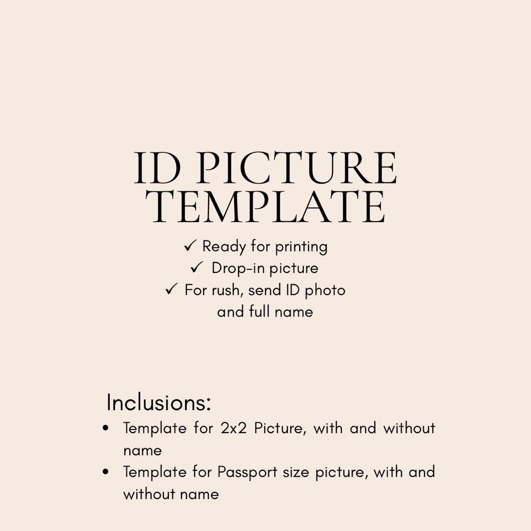 ID Picture Template 2x2 and Passport Size (Category: Art & Prints) located in Quezon City. Submitted by 7clutter (Listing ID 1415418779, Image 1). Description: 🪷 ID PICTURE TEMPLATE FOR SALE! > Drop-in photo for easy printing on A4 paper - Editable - Can be used multiple times - Canva account needed (no pro required) - For rush printing, send the ID pic and name Inquire now✨.