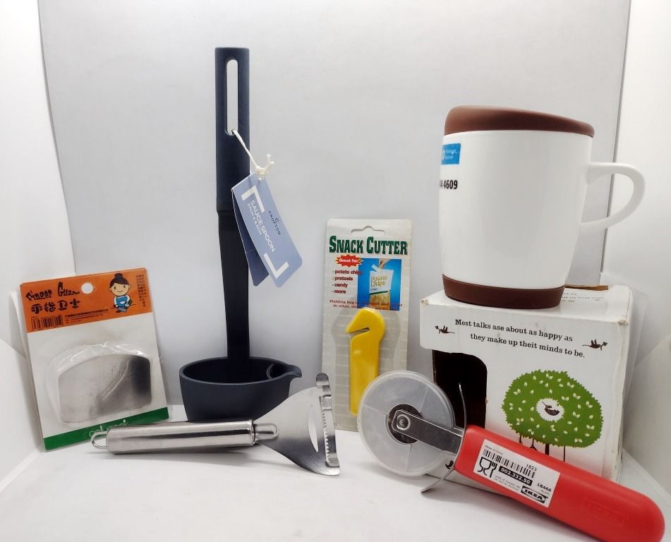 Kitchen / Food utensils bundle (Category: Other Kitchenware & Tableware) located in Quezon City. Submitted by mondy_mond (Listing ID 1415313930, Image 1). Description: Reason For Selling (RFS): De-cluttering This Kitchen / Food equipment bundle... *Includes 6x utensils: 1x Crofton Soup Spoon/Ladle, 1x IKEA Pizza Cutter, 1x Finger Guard, 1x Snack Bag Cutter, 1x Corn Peeler/Scraper, 1x mug *IKEA Pizza Cutter & mug bought in Saudi Arabia; Crofton So
