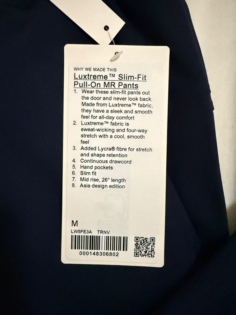 Lululemon Luxreme Slim-Fit Pull-On MR Pants (Category: Other Bottoms) located in Quezon City. Submitted by declutter1ngmama (Listing ID 1415244411, Image 3). Description: - Lululemon Luxreme Slim-Fit Pull-On MR Pants - Mid-rise, 26" length, Asia fit - Made with Luxreme fabric: sweat-wicking and four-way stretch - Sleek and smooth feel for all-day comfort - Features hand pockets and a continuous drawcord - Available colors: Black and Navy Blue Pri