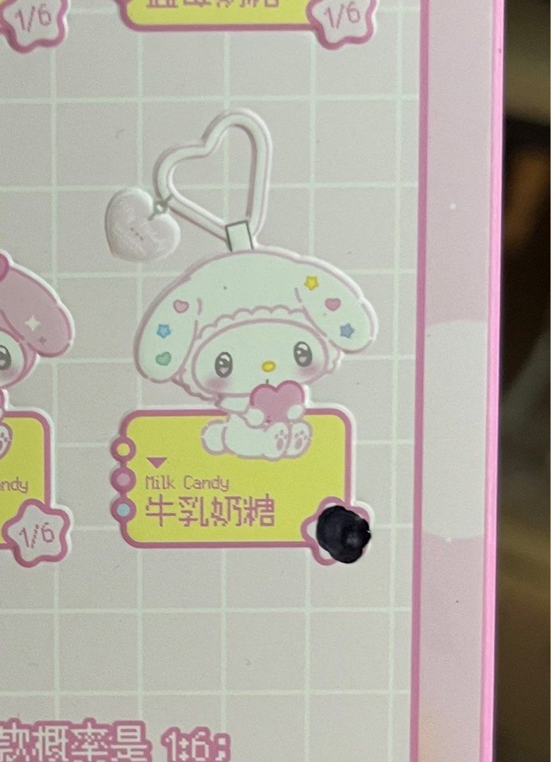 Milk Candy My Melody 50th Anniversary Keychain (Category: Character Goods) located in Bacoor. Submitted by illbimbo (Listing ID 1415280952, Image 1). Description: - My Melody 50th Anniversary Keychain - Features a cute My Melody design - Includes a heart-shaped charm - Comes in a pink, game-themed blind box - Blind box item: 1/6 chance of this design - Box indicates 50 plays.