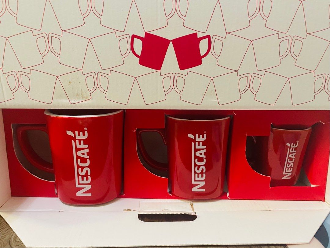 Nescafe Red Mugs Set, in Three Different Sizes (Category: Coffee & Tea Tableware) located in Quezon City. Submitted by sterling_grace (Listing ID 1414468346, Image 2). Description: Set of Nescafe Red Cup Coffee Mugs Ceramic Collectible.