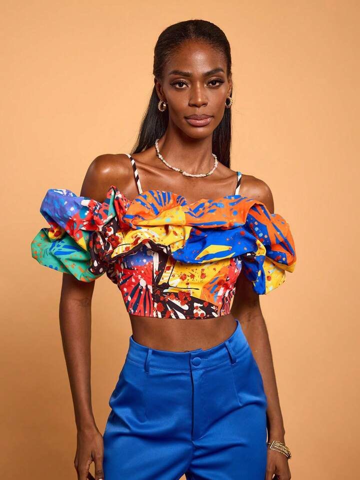 Off Shoulder Ruffle Colorful Top (Category: Sleeveless) located in Manila. Submitted by clarv (Listing ID 1415357222, Image 1). Description: Worn only once for an event Size on tag: Small (Swipe to see size guide) Really pretty and good quality Best fits XS-S.