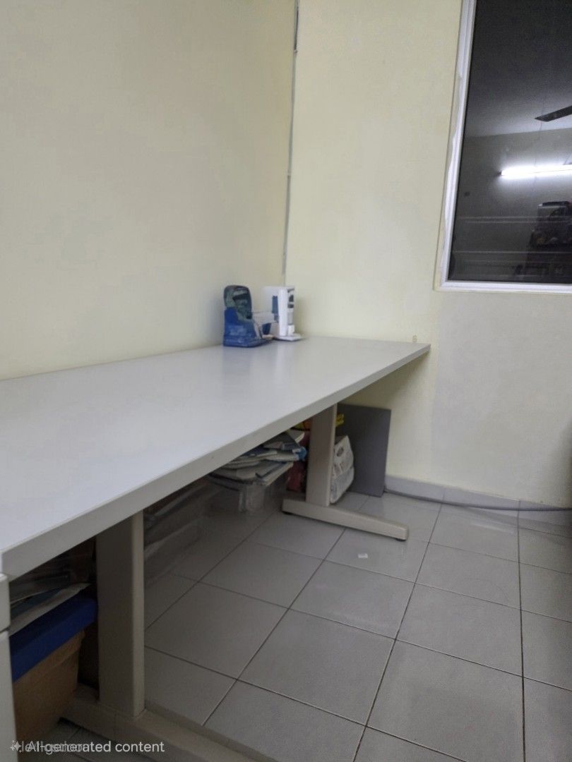 Office table or study table (Category: Tables & Sets) located in Kuala Lumpur. Submitted by smile3668 (Listing ID 1415387949, Image 1). Description: - Size: 200cm (L) x 65cm (W) x 70cm (H) - White office table - Simple, clean design - Rectangular tabletop - Sturdy legs - Under-table storage for documents and supplies - Suitable for home or office use.