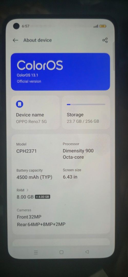 Oppo Reno 7 5G (Category: OPPO) located in Caloocan City. Submitted by ktag1238867847 (Listing ID 1415365851, Image 3). Description: sim: 2 nano sim display: amoled resolution: 1080x2400 pixels OS: ColorOS 13.1 chipset: mediatek dimensity 900 CPU: octa-core internal: 256gb 8gb ram + 4gb (additional) camera: 64mp (wide) 8mp (ultrawide) 2mp (macro) selfie cam: 32mp (wide) battery: Li-Po 4500mah charging: 65w wired color: startrails blue rfs: need f