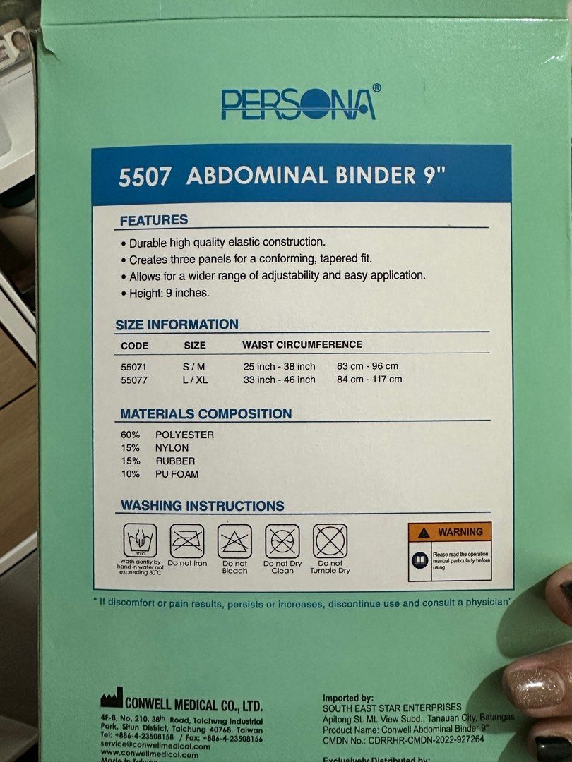 Persona Abdominal Binder 9" (Category: Medical Supplies & Tools) located in Paranaque City. Submitted by mweowmyganda (Listing ID 1415359472, Image 2). Description: Wrong size Large Brandnew opened box to try only Bought at Mercury for 1k++ .