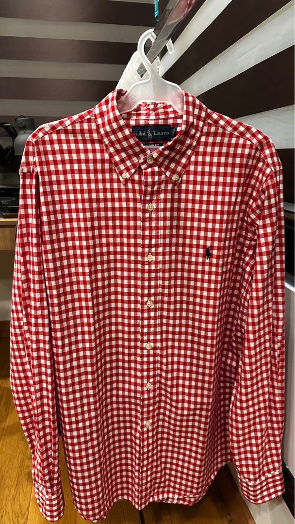 Ralph Lauren Red Checkered Long sleeve Large (Category: Formal Shirts) located in Antipolo. Submitted by agentjic (Listing ID 1415333070, Image 1). Description: Ralph Lauren W-24 L-31 Sleeve-26 *issue has stain at the back of Left shoulder side, pls see last picture.