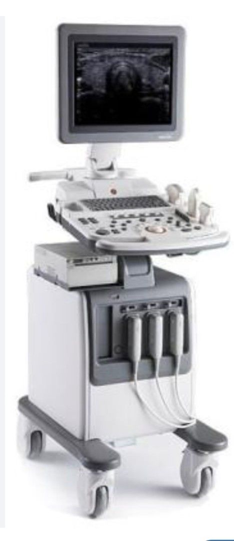 Samsung r5 Ultrasound Machine (Category: Medical Supplies & Tools) located in Manila. Submitted by jonathanca24182 (Listing ID 1415343886, Image 1). Description: - GE ultrasound machine - Includes main unit and probes - Features a display screen and control panel - Multiple probe connectors - Mounted on a wheeled base for easy mobility - In good working condition - Suitable for medical imaging.