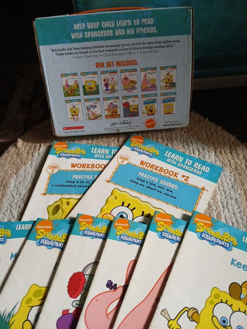 Spongebob quarepants Learn to Read Level 2 Set (Category: Children's Books) located in Manila. Submitted by diczenestr94951 (Listing ID 1415246348, Image 3). Description: - Spongebob Squarepants Learn to Read Level 2 set - Includes: - 10 Books - 2 Workbooks - Features Spongebob and friends - Designed for children learning to read - Uses a phonics reading program - Workbooks provide practice with specific sounds note:wala lang flash cards walang p