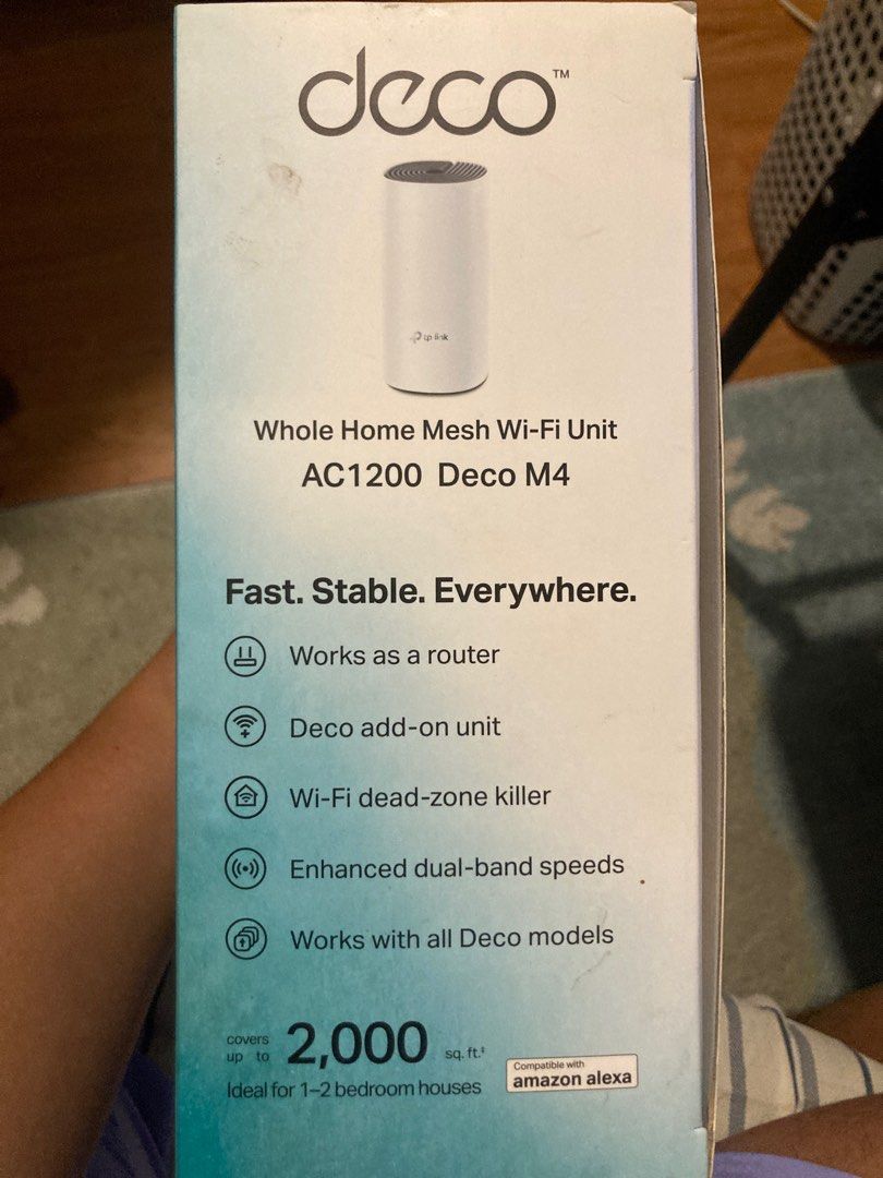 TP-Link Deco M4 AC1200 Mesh Wi-Fi Unit Router (Category: Networking) located in Quezon City. Submitted by the_kalakalan (Listing ID 1415300971, Image 3). Description: TP-Link Deco M4 Whole Home Mesh Wi-Fi Unit. Provides fast and stable Wi-Fi coverage. Works as a router and can be used as a Deco add-on unit. Features Wi-Fi dead-zone killer and 2 gigabit Ethernet ports. Covers up to 2,000 sq. ft., ideal for 1-2 bedroom houses. Compatible with Amazo