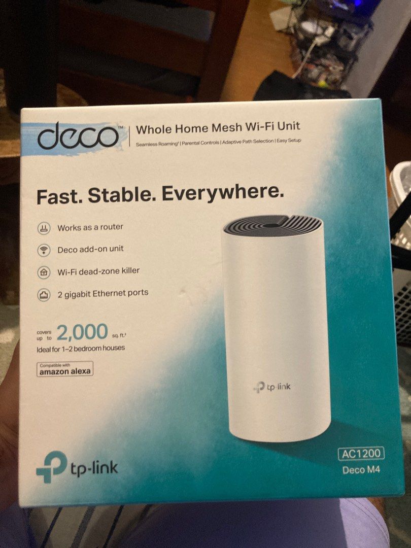 TP-Link Deco M4 AC1200 Mesh Wi-Fi Unit Router (Category: Networking) located in Quezon City. Submitted by the_kalakalan (Listing ID 1415300971, Image 1). Description: TP-Link Deco M4 Whole Home Mesh Wi-Fi Unit. Provides fast and stable Wi-Fi coverage. Works as a router and can be used as a Deco add-on unit. Features Wi-Fi dead-zone killer and 2 gigabit Ethernet ports. Covers up to 2,000 sq. ft., ideal for 1-2 bedroom houses. Compatible with Amazo