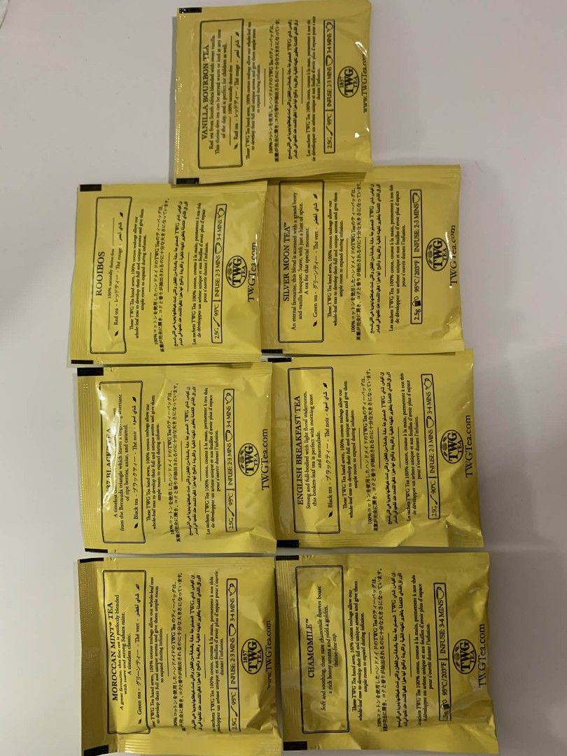 TWG Tea Assorted Flavors (Category: Beverages) located in Manila. Submitted by warmgem.a59c42 (Listing ID 1415349970, Image 3). Description: - Assorted TWG Tea sachets - Flavors: 1837 Black Tea, Vanilla Bourbon Tea, Moroccan Mint Tea, Chamomile, English Breakfast Tea, Silver Moon Tea, and more! - Each sachet is individually wrapped. - Perfect for trying different TWG tea flavors..