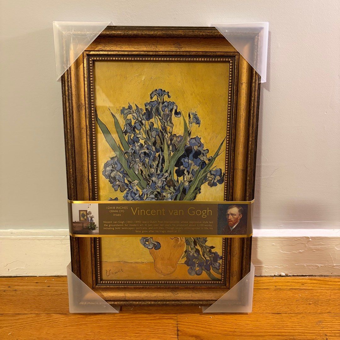 Vincent van Gogh Irises Framed Print Glass (Category: Frames & Pictures) located in Quezon City. Submitted by gormbox (Listing ID 1415311394, Image 2). Description: - Van Gogh's "Irises" print - Size: 12x18 inches (30x46 cm) - Gold-colored frame - Features artist's signature - Includes information about the artist and artwork.