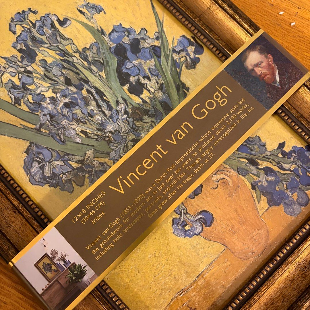 Vincent van Gogh Irises Framed Print Glass (Category: Frames & Pictures) located in Quezon City. Submitted by gormbox (Listing ID 1415311394, Image 1). Description: - Van Gogh's "Irises" print - Size: 12x18 inches (30x46 cm) - Gold-colored frame - Features artist's signature - Includes information about the artist and artwork.