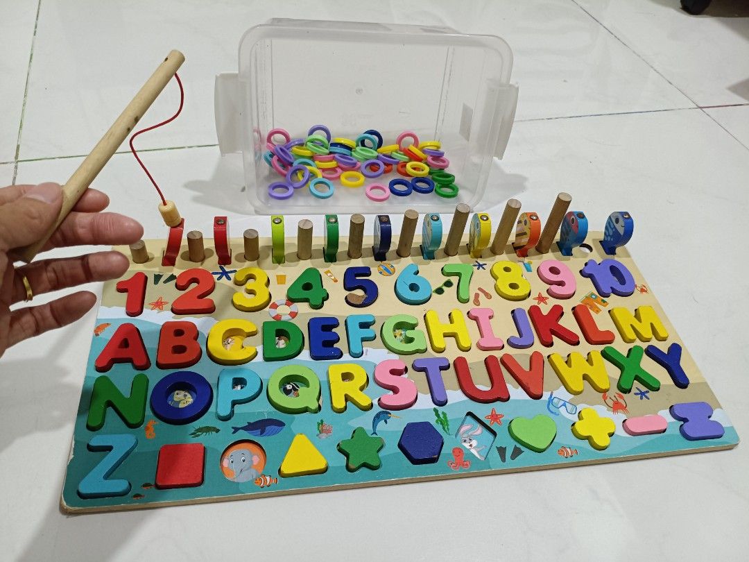 Wooden Alphabet and Number Puzzle with Fishing Game, Hobbies & Toys ...