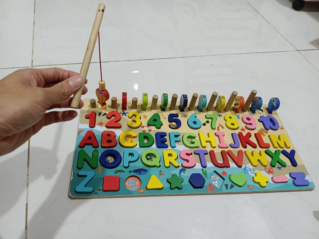 Wooden Alphabet and Number Puzzle with Fishing Game, Hobbies & Toys ...