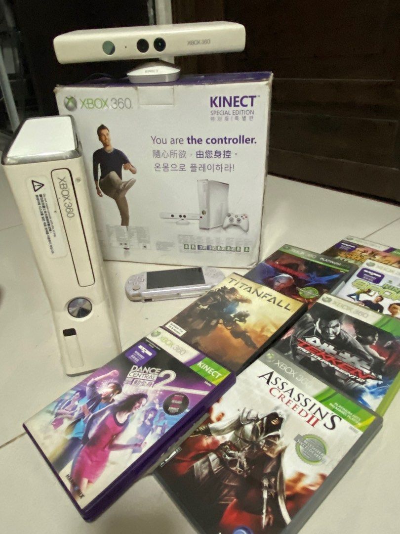 Xbox 360 Kinect, 7 CDs & PSp (Category: Xbox) located in Quezon City. Submitted by waytodeclutter (Listing ID 1415352045, Image 1). Description: - Xbox 360 Special Edition bundle - Includes console and Kinect sensor - 7 Games included - Box included -PSP.