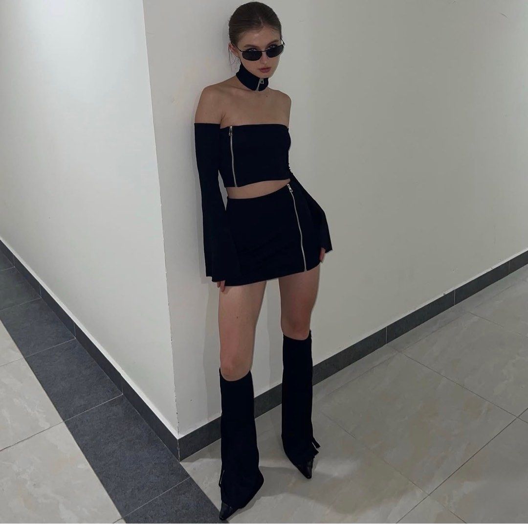 Black Off-Shoulder Zippered Skirt Set (Category: Sets or Coordinates) located in Manila. Submitted by darjaromanova (Listing ID 1415520630, Image 3). Description: - Black skirt set - Off-shoulder top with long sleeves - Matching mini skirt - Zipper details - Choker neckline - Black fashion leg warmers - Stretchy material - Perfect for special events and nights out.